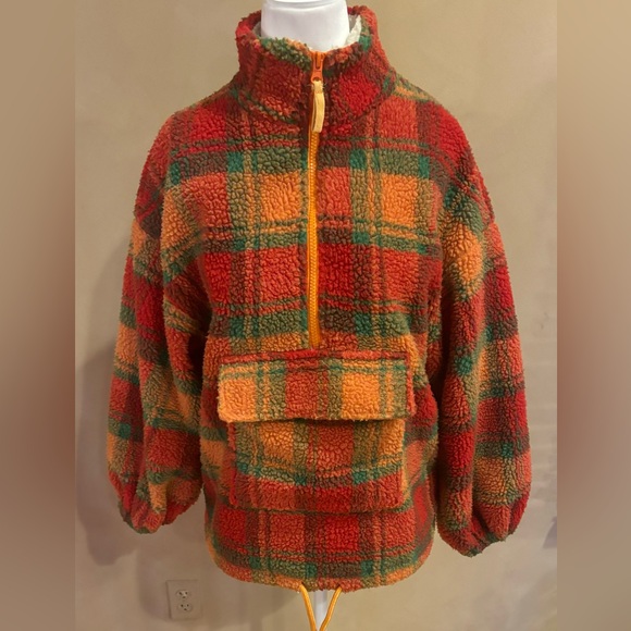 Urban outfitters J.O.A Plaid Polar Fleece 1/2 zip Jacket Oranges Shepra size XS - Picture 12 of 15